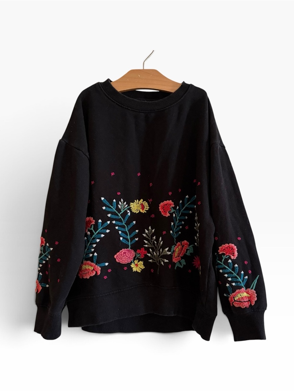 Zara Girls Black Floral Embroidered Crewneck Sweatshirt